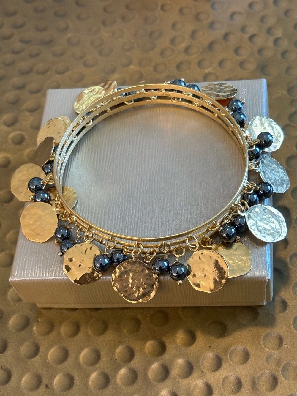 Bronzallure Italy Gold Tone Bangle Bracelet with Grey Bead Charms
